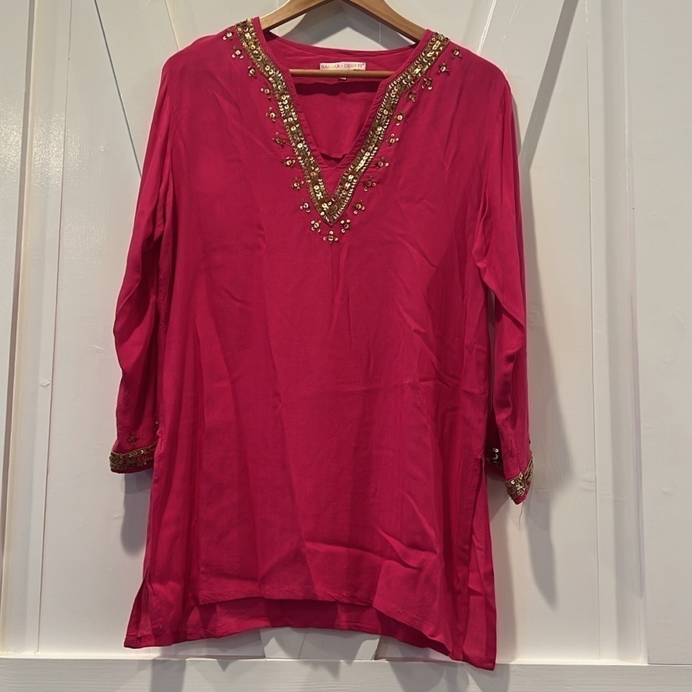 Barbara Gerwit Pink Fuscia Gold Sequin Long Sleeve V-Neck Tunic Size Medium